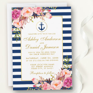Boda Náutico Bandas Azules Invitación Floral Rosa 