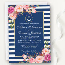 Boda Náutico Bandas Azules Invitación Floral Rosa