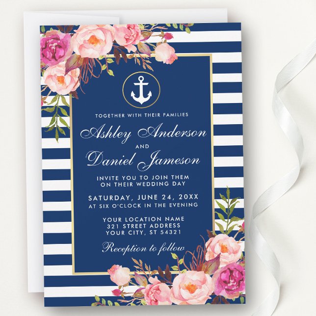 Boda Náutico Bandas Azules Invitación Floral Rosa  (Customize to change text size or text style.)