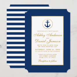 Boda Náutico Blue Striped Gold Invitación G