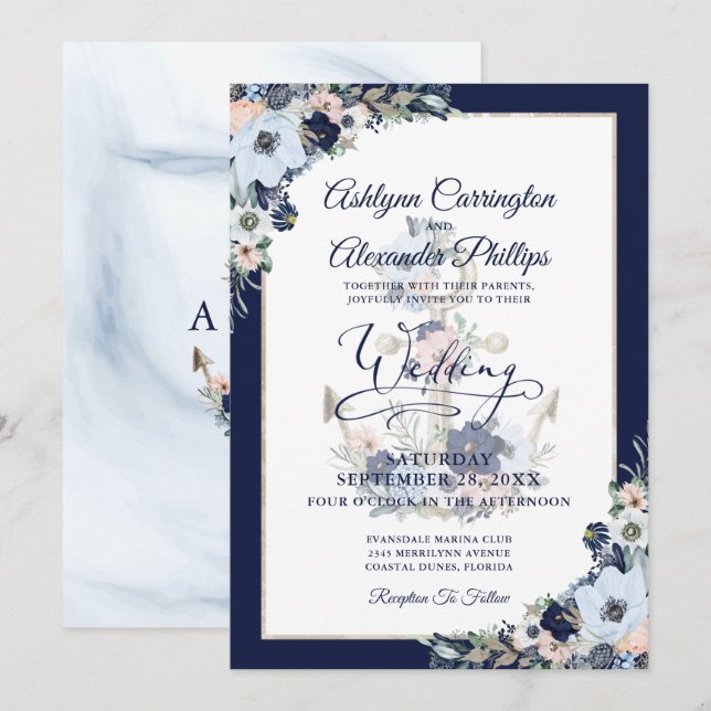 Boda Náutico Elegante Anclaje Floral Invitación (Anverso / Reverso)