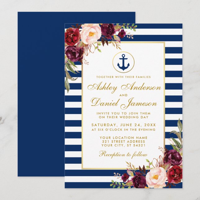 Boda náutico franjas azules Borgoña Invitación GB (Anverso / Reverso)