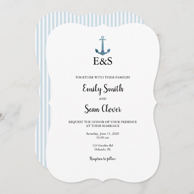 Boda náutico Monograma Banda Azul Invitación (Anverso / Reverso)
