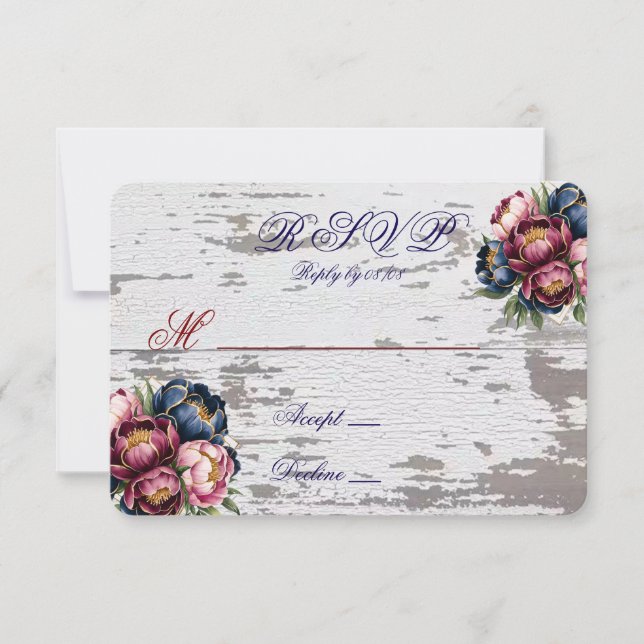 Boda Navy Burgundy Rubor Rosa Peonía Dorado RSVP  (Anverso)