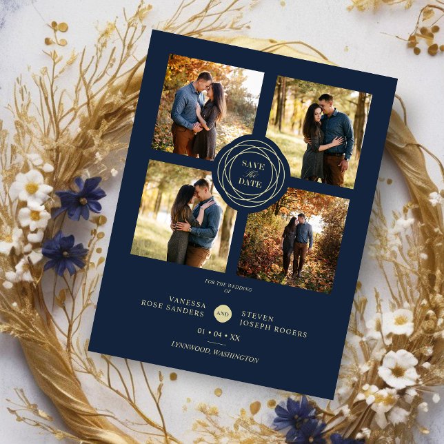 Boda Navy Gold 4 fotos guión moderno de collage (Wedding Navy Gold 4 Photos Modern Collage Script Save the Date with Envelope.)