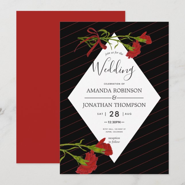 Boda negro y rojo Invitación temática de Carnation (Anverso / Reverso)