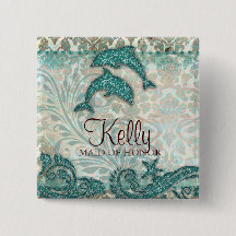 Boda Nombre Etiqueta Botón Esparkle Delfines Verde