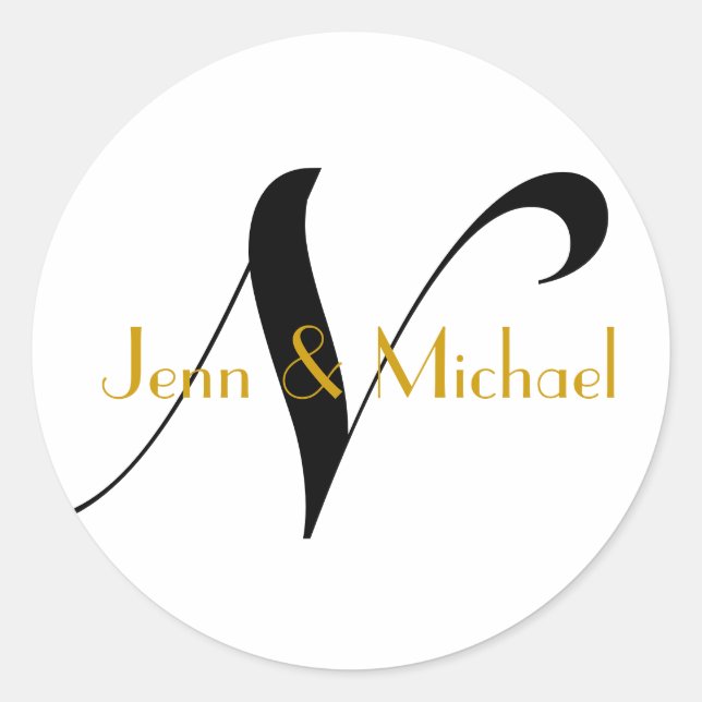 Boda Novia Groom Nombres Monograma N Pegatina Oro (Anverso)