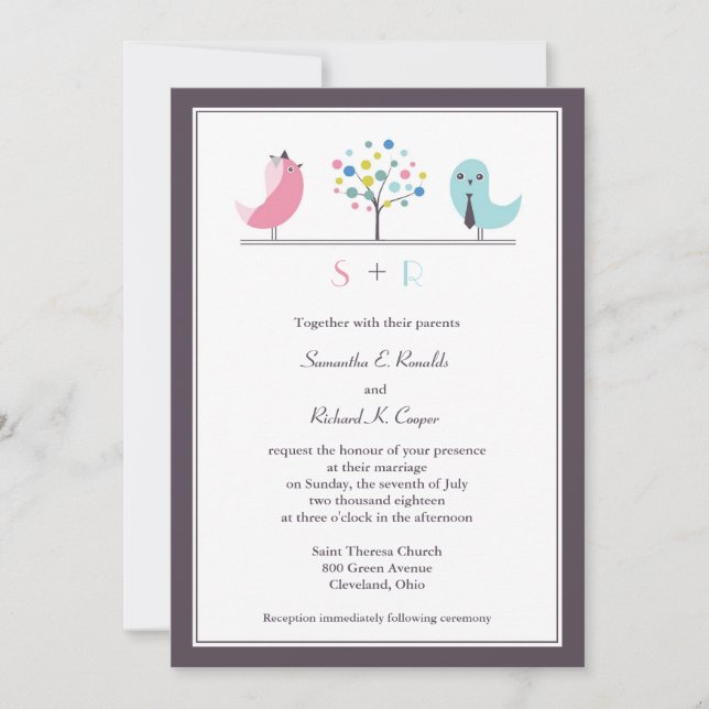 Boda Novia y Aves Groom Invitación plana (Anverso)