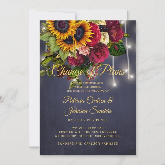 Boda nueva fecha invitación de girasol y rosas (Anverso)