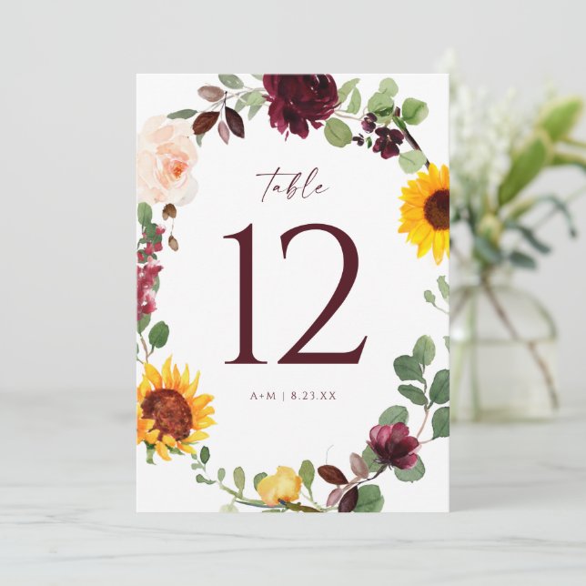 Boda números de mesa Rosas de girasol rojo borgoña (Anverso de pie)