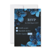 Boda oscura RSVP purpurina flores azules