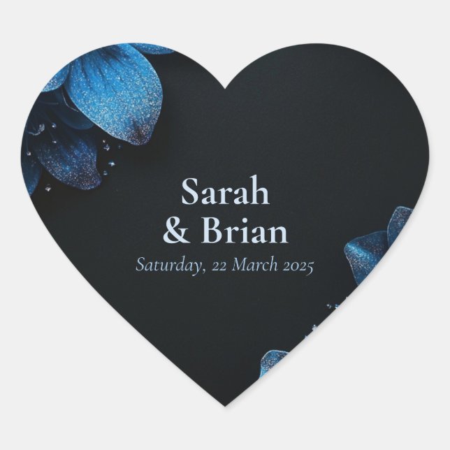 Boda oscuro regalo pegatina purpurina flores azule (Anverso)