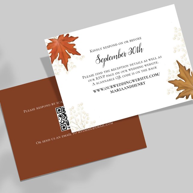 Boda otoño deja el código QR RSVP (Elegant watercolor fall autumn leaves wedding response card. )