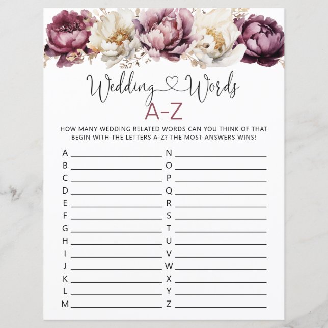 Boda Palabras A-Z Ducha de novia Hoja de juego (Anverso)