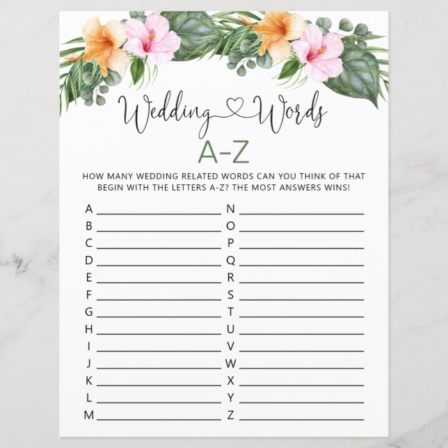 Boda Palabras A-Z Ducha de novia Hoja de juego (Anverso)