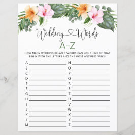 Boda Palabras A-Z Ducha de novia Hoja de juego