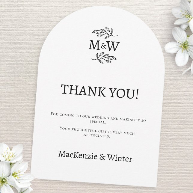 Boda Pareja Monograma Iniciales Gracias Tarjeta (Wedding thank you arch card couple monogram initials botanical line art leaf sprig )