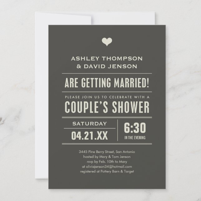 Boda Parejas Ducha Invitaciones de Gran Tipo (Anverso)