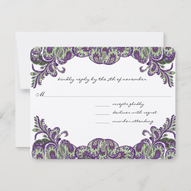 Boda pavo real púrpura y verde RSVP (Anverso)