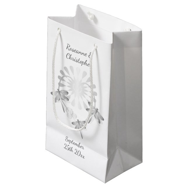 Boda Pequeño regalo Bolsa Plata Dragonflies Corazó (Angulo Anverso)