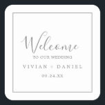 Boda plateado minimalista Bienvenido Pegatina cuad<br><div class="desc">Estos minimalistas pegatinas de bienvenida bodas plateados son perfectos para un simple boda. El moderno diseño romántico presenta una tipografía clásica de color gris plateado y blanco, acompañada de una caligrafía rústica y elegante con un estilo de letra a mano vintage. Personalizable de cualquier color. Mantenga el diseño simple y...</div>