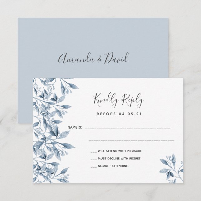 Boda polvoriento azul blanco botánico RSVP (Anverso / Reverso)