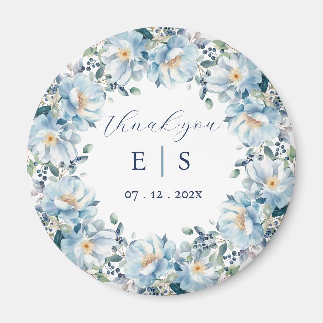 Boda polvoriento azul floral floral gracias imán (Frente)