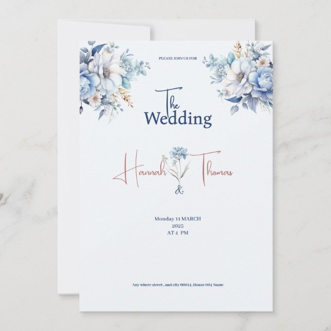 boda polvoriento azul moderno Flores de la tarjeta (Anverso)