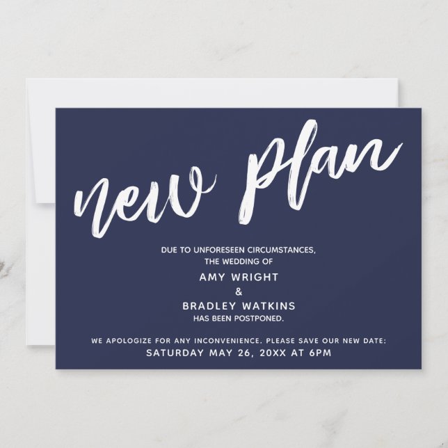 Boda pospuesto nuevo plan Invitación azul de la ma (Anverso)