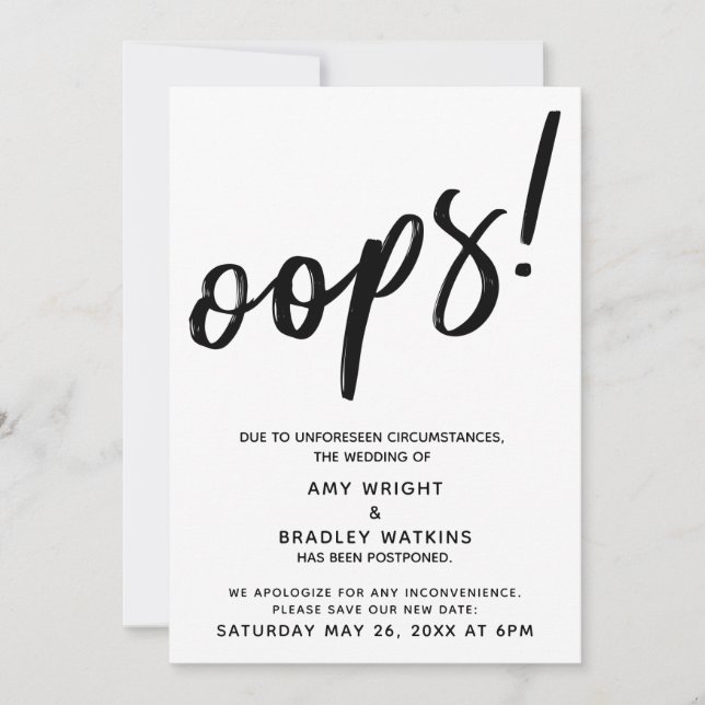 Boda pospuesto: "¡Oops!" humorístico Anuncio (Anverso)