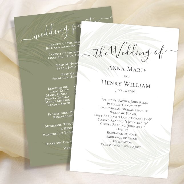 Boda Programa Botánico Verde Palm Leaves (Elegant Wedding Program template with tropical green palm leaves. )