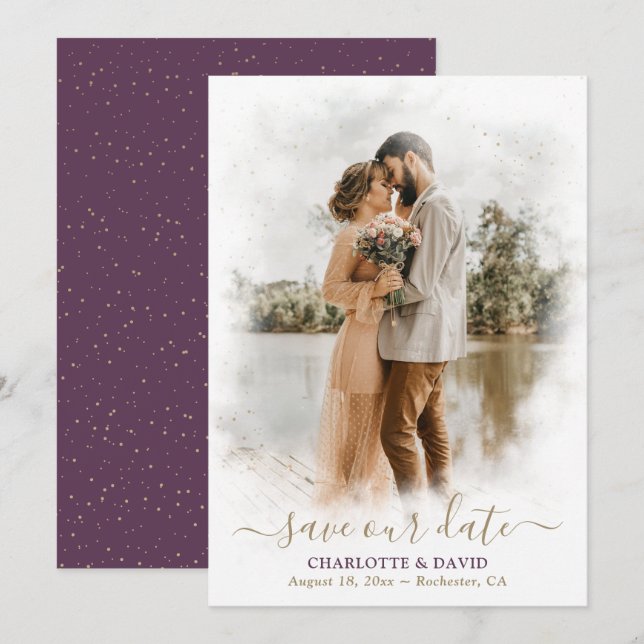 Boda Purple Gold Foto Guardar nuestra tarjeta de f (Anverso / Reverso)