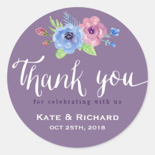 Boda Purple Script Gracias Pegatina Floral