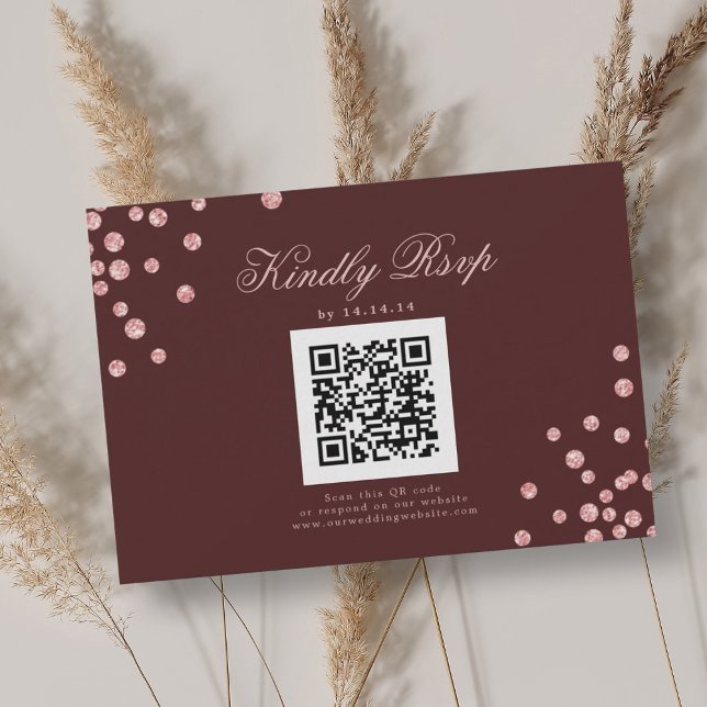 Boda QR RSVP Rosa Confetti de oro Borgoña Rojo (Wedding QR RSVP Rose Gold Confetti Burgundy Red)