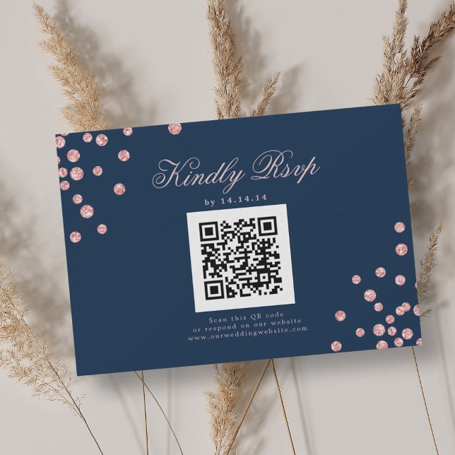 Boda QR RSVP Rosa Oro Confetti Azul (Wedding QR RSVP Rose Gold Confetti Navy Blue )