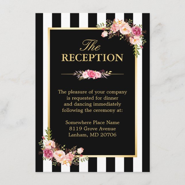 Boda Recepción Floral Oro Bandas Blancas Negro (Anverso)