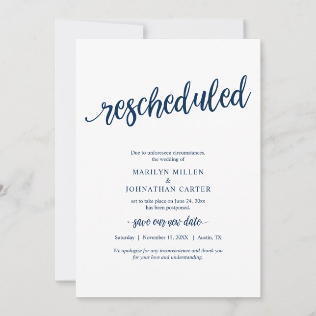 Boda reprogramado, azul marino, Invitación (Anverso)