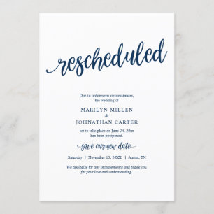 Boda reprogramado, azul marino, Invitación