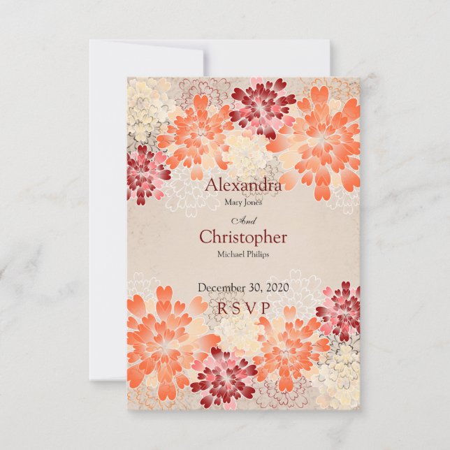 Boda Retro de Flores Rojas y de Crema naranja RSVP (Anverso)