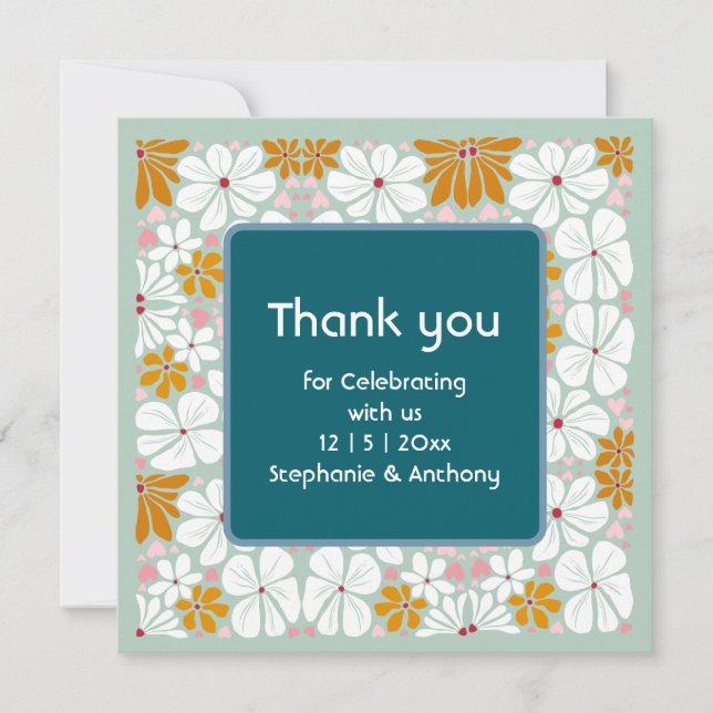 Boda Retro Flowers Groovy 70s Boho gracias (Anverso)