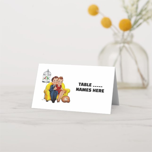 BODA retro pareja con gatos tarjetas de lugar dobl (Anverso)