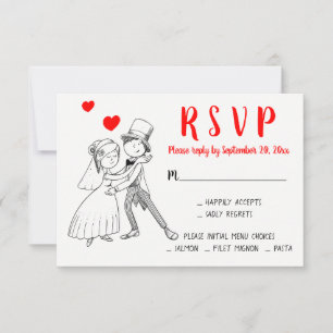 Boda Roja RSVP Novia Esposo Caricatura Vintage Lin