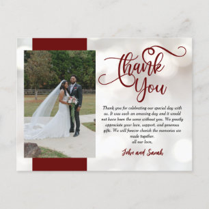 Boda Rojo Bokeh Nota de agradecimiento Postcard