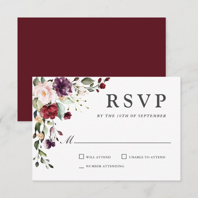 Boda romántica borgoñona y floral de ciruelas RSVP (Anverso / Reverso)