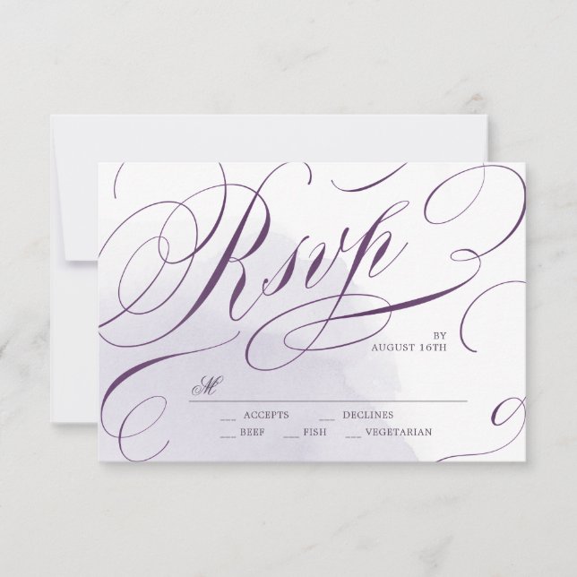Boda romántica de caligrafía púrpura Moody RSVP (Anverso)