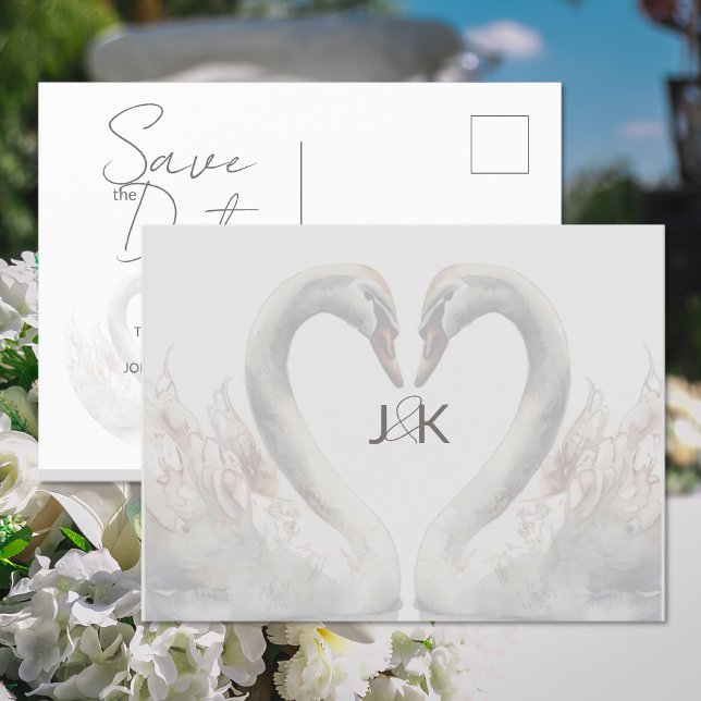 Boda romántica de cisnes salva la tarjeta postal d (Romantic Swans Wedding Save the Date Postcard (front and back))