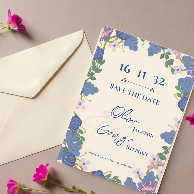 Boda romántica morada floral azul salva la fecha (Purple Blue Floral Romantic Wedding Save the Date)