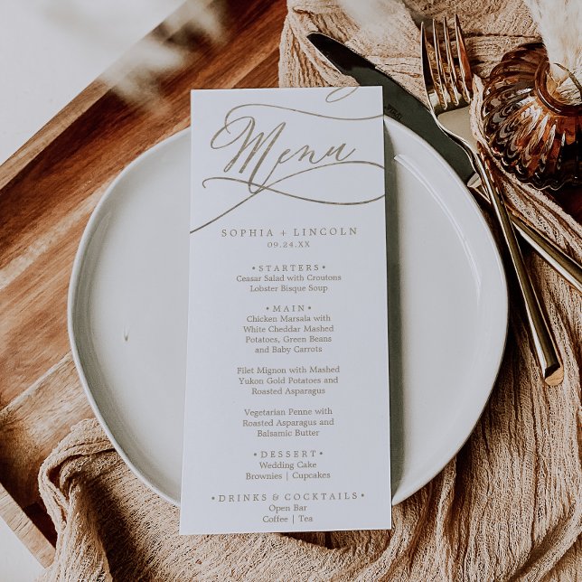 Boda Romántico de caligrafía dorada Menú de cena (Subido por el creador)