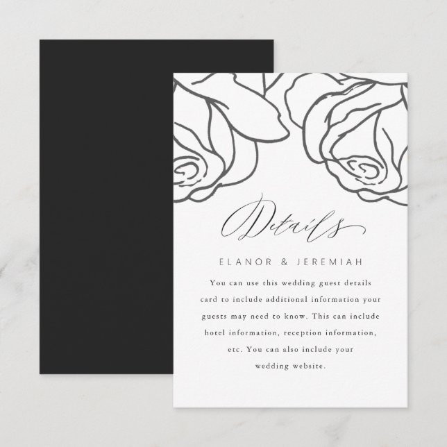 Boda Romántico de Floral Negra Detalle de invitado (Anverso / Reverso)